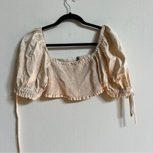 Farm Rio Cream Smocked Puff Sleeve Cropped Blouse